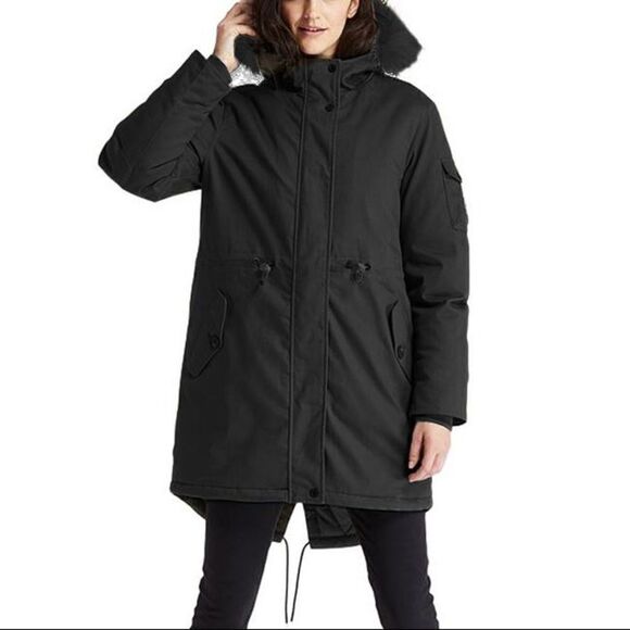 Timberland Black Mt Kelsey Sherpa-Lined Hooded Parka Women's Extra Small NWT - Picture 1 of 8